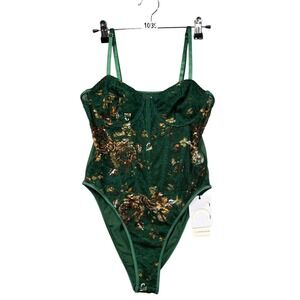 NWT Commense Bodysuit Women Size M‎ Green Floral Embroidery Corset Bustier New